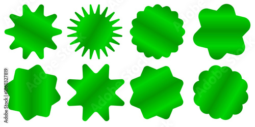 Set of vibrant gradient green starburst badges and seals, eco certifications, organic product labels, discount stickers