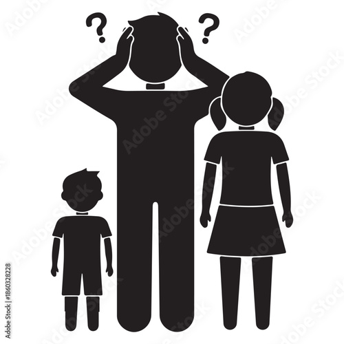  A black silhouette icon showing a confused father standing with his young children