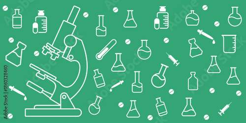 laboratory theme background, microscope and measuring glass equipment, pipettes, bacteria and viruses.