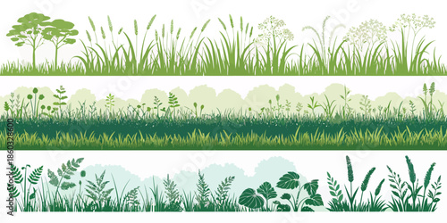 Vibrant grass and plant silhouettes in various green hues