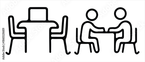 People Meeting at Desk with Laptop, Simple Line Icon Symbol.
