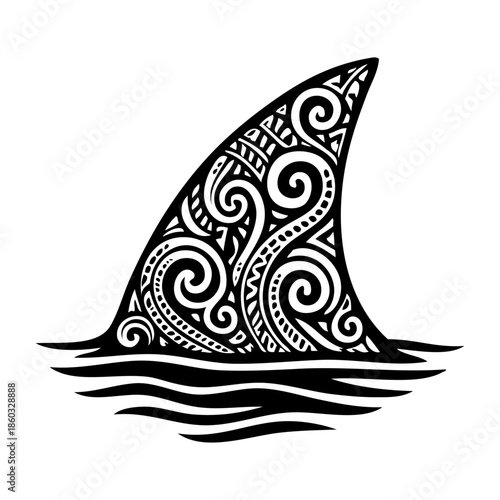Silueta de aleta de tiburón con decoración de tatuajes tribales maoríes con olas de mar 