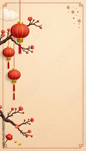 Vertical Chinese New Year Template with Plum Blossom Branches, Red Hanging Lanterns, and Elegant Golden Border