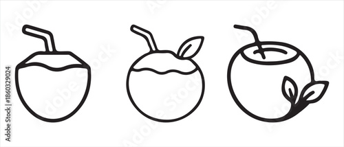 Coconut Drinks Icons. Tropical Refreshment Set with Straws and Leaves.