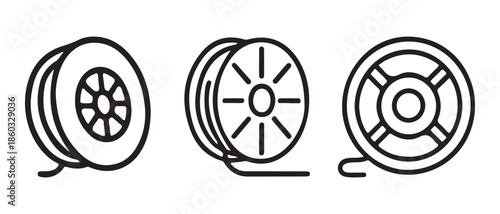 Spool Icons Set. Cable, Wire, Reel Variations in Minimalist Line Art.