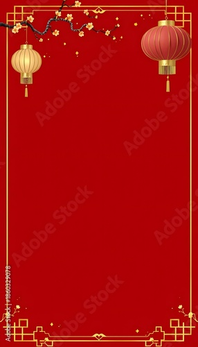 Traditional Chinese New Year Background with Golden Border, Hanging Lanterns and Plum Blossom Branches on Vibrant Red