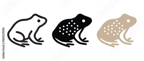 Frog Icons Set. Outline, Solid Black, and Textured Tan Variations.
