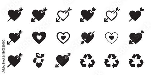 Heart with arrow, hearts with shapes and recycle sign vector icon set collection