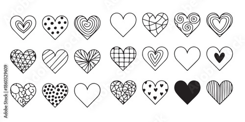Hand drawn outline hearts with abstract patterns and solid black hearts