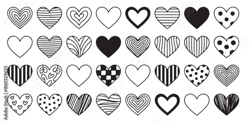 Doodle heart icons set various sketch black white patterned design elements hand drawn symbols grid