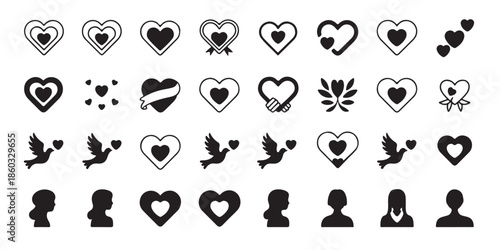 Love heart dove woman silhouette icon set collection valentines day black white design elements