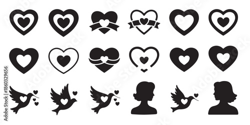 Solid silhouette heart dove icon set collection wedding romance valentines day black symbols graphics design