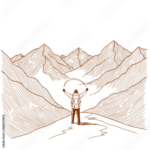 Man conquering mountains – vector for climbers and mountain outdoor enthusiasts: 
Adventurer celebrating victory on mountain peak with open arms