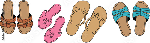 Fashion sandals, footwear styles, summer shoes, casual wear, colorful design, trendy accessories, vector illustration, shoe collection, wardrobe element, retail display
