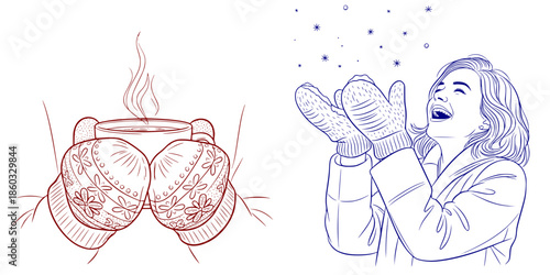 Векторный сет самых популярных сцен с варежками: кружка, удерживаемая в варежках, и женщина, играющая со снегом в уютных варежках зимой