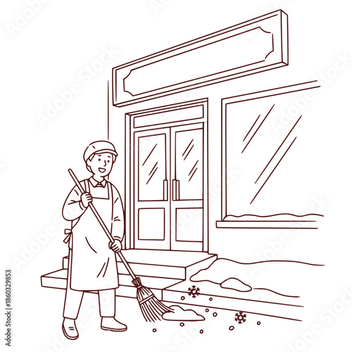 Cute vector illustration of a cheerful street cleaner shoveling snow in front of a shop Person shoveling snow outside a shop on a winter day  