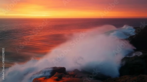 Dramatic Seaside Landscape During Sunset Showcasing Intense Waves Hitting Rugged Cliffs With Spray