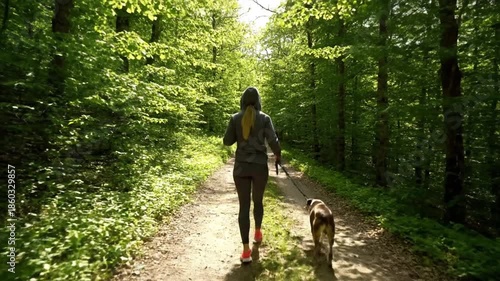 Wallpaper Mural Woman and dog walk along a path through the forest Torontodigital.ca