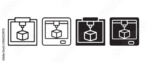 3D Printer Icon Set, Creating a Cube, Modern Technology Vector Art.