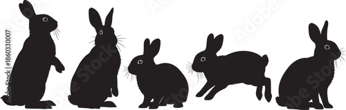Easter day celebration with five happy rabbits silhouette on white background