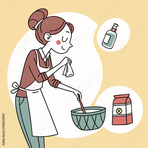 Woman baking and mixing ingredients in a kitchen