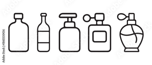 Outline of various bottles icons and dispensers isolated on white background.