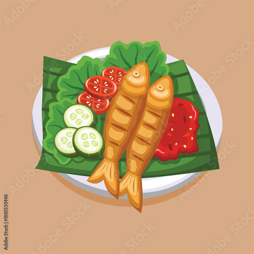 A flat illustration of a fried fish dish served with vegetables and chili sauce, suitable for culinary menus and traditional food promotions.