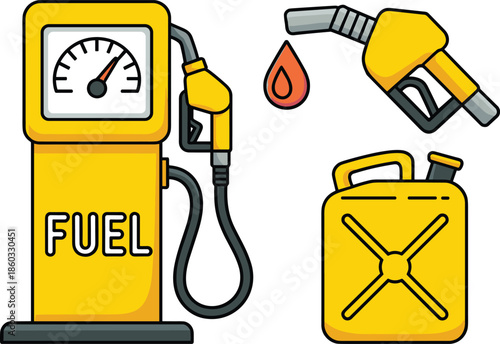 Cartoon fuel pump, nozzle, jerry can, red droplet illustration, gasoline energy concept for automotive, refueling, transportation, fuel storage, and maintenance design