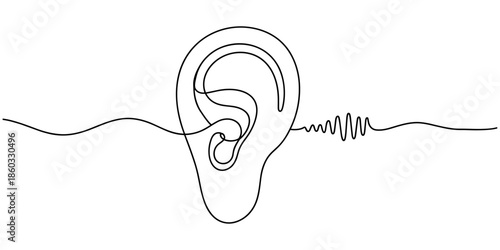 Human ear continuous one line drawing. World deaf day ear one line design vector illustration, Ear continuous one line drawing minimalist vector illustration on white background, Single line drawing