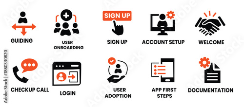 User onboarding solid vector icon collection, welcome, sign up, user guide, tutorial, UX, login and more.