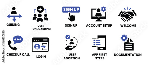User onboarding solid vector icon collection, welcome, sign up, user guide, tutorial, UX, login and more.