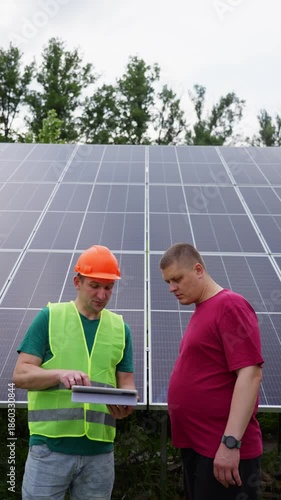 Professional engineer demonstrates solar panel system settings on tablet to customer highlighting clean electricity smart control and sustainable energy solutions. High quality 4k footage