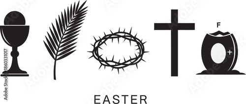 Easter day symbols and icons cross crown of thorns chalice palm and easter candle