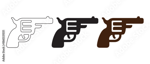 Revolver Pistol Icons Set. Outline, Black, Brown, Silhouette, Simple Design.