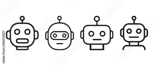 Set of four robot head line icons isolated on white background.
