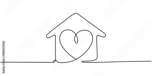 Home Sweet Home Continuous Line Icon, Love for home symbol in continuous line drawing style. Line art of heart with house. Vector illustration. Abstract background, Heart inside house continuous one.