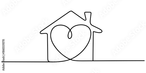 Home Sweet Home Continuous Line Icon, Love for home symbol in continuous line drawing style. Line art of heart with house. Vector illustration. Abstract background, Heart inside house continuous one.