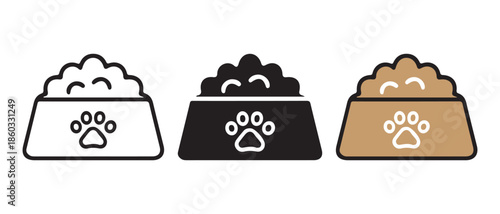 Dog Food Bowl Icons. White, Black, and Brown with Paw Print.