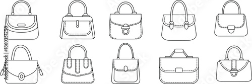 Stylish handbag illustration set, various purse designs, fashion accessories, vector collection for branding, retail, fashion design, product catalog, and lifestyle content