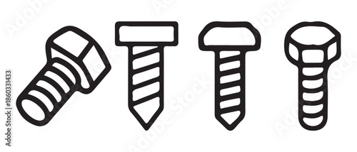 Set of Outline Icons of Assorted Bolts and Screws on White Background.