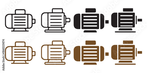 Electric Motor Icons Set. Black, Outline, Brown, Solid - Industrial Power.