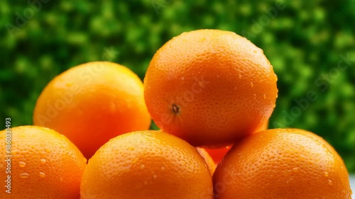 Juicy Ripe Oranges Arranged On White Surface With Blurred Green Background And Shimmering Water Droplets