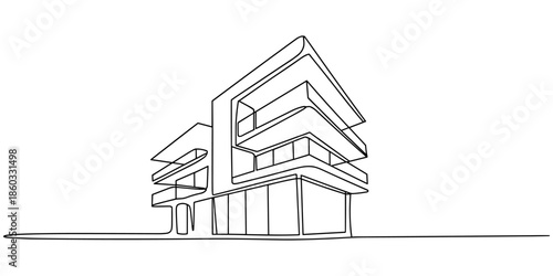 One line city. Skyscraper buildings, linear town cityscape and modern downtown or business district vector illustration, Continuous one line drawing of luxury apartment house in the middle of town.