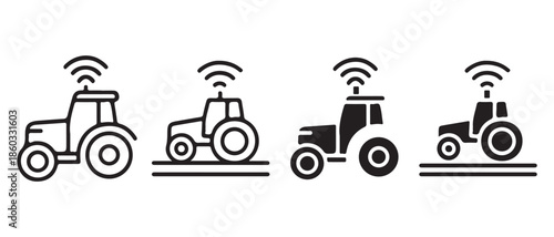 Smart Tractor Icons. Connected Agriculture Technology, Digital Farming Automation.