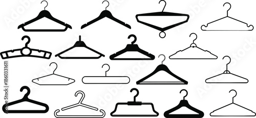 Black clothes hanger icon set, minimalist silhouette collection, vector illustration pack for fashion, retail, closet organization, and product design