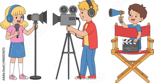 Happy Cartoon Children Making Movie Scene with Director in Chair, Cameraman Filming with Tripod and Girl Acting with Microphone Vector Illustration Isolated on White Background