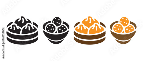 Dim Sum Icons Set, Steamed Dumplings and Meatballs in Bowls, Black and Orange.
