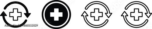 Vector Icon Set Featuring Medical Crosses Enclosed in Circular Refresh Arrows Representing Healthcare Continuity and Prescription Refill Cycles