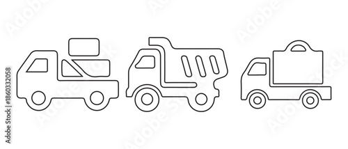 Truck Icons. Dump Truck, Flatbed Truck, Cargo Truck Line Art Set.