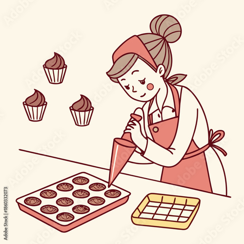Woman Decorating Cupcakes with Icing Bag